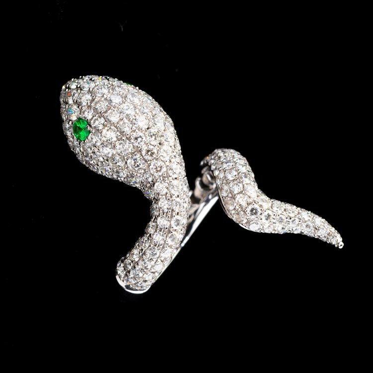 Serpent Charmer - white diamond and green garnet ring from Stéfère Snake Collection